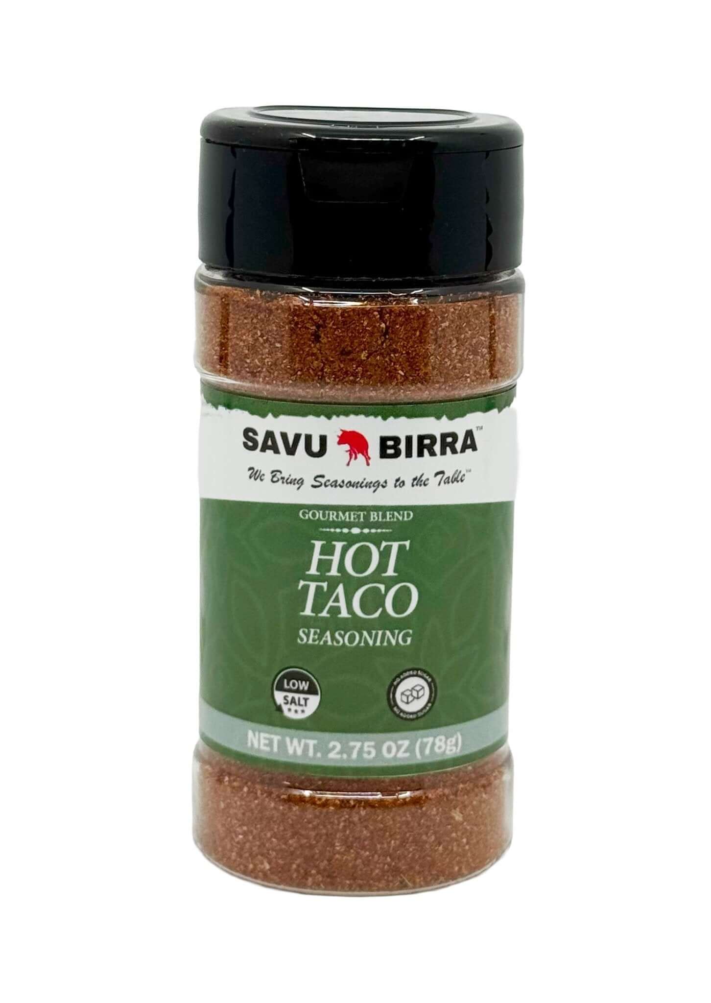 Hot Taco Seasoning Blend bottle by Savu Birra, featuring a gourmet mix of spices perfect for taco night.