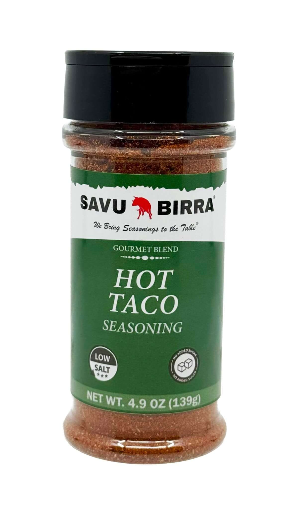 Hot Taco Seasoning Blend by Savu Birra in a clear jar, featuring a low salt gourmet spice mix for flavorful tacos.
