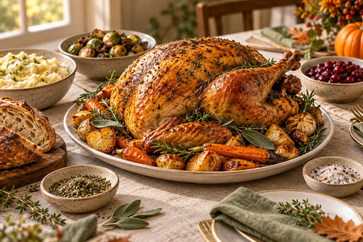Roast turkey and seasonal sides on a Thanksgiving table