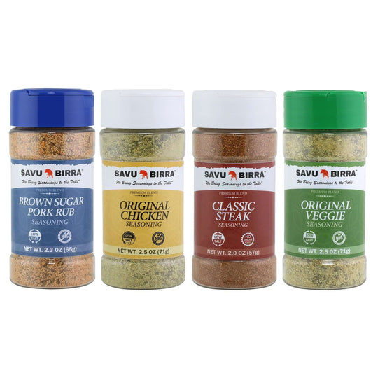Savu Birra Meat and Vegetable Seasoning Variety Pack: Brown Sugar Pork Rub, Original Chicken Seasoning, Classic Steak Seasoning and Original Veggie Seasoning jars together