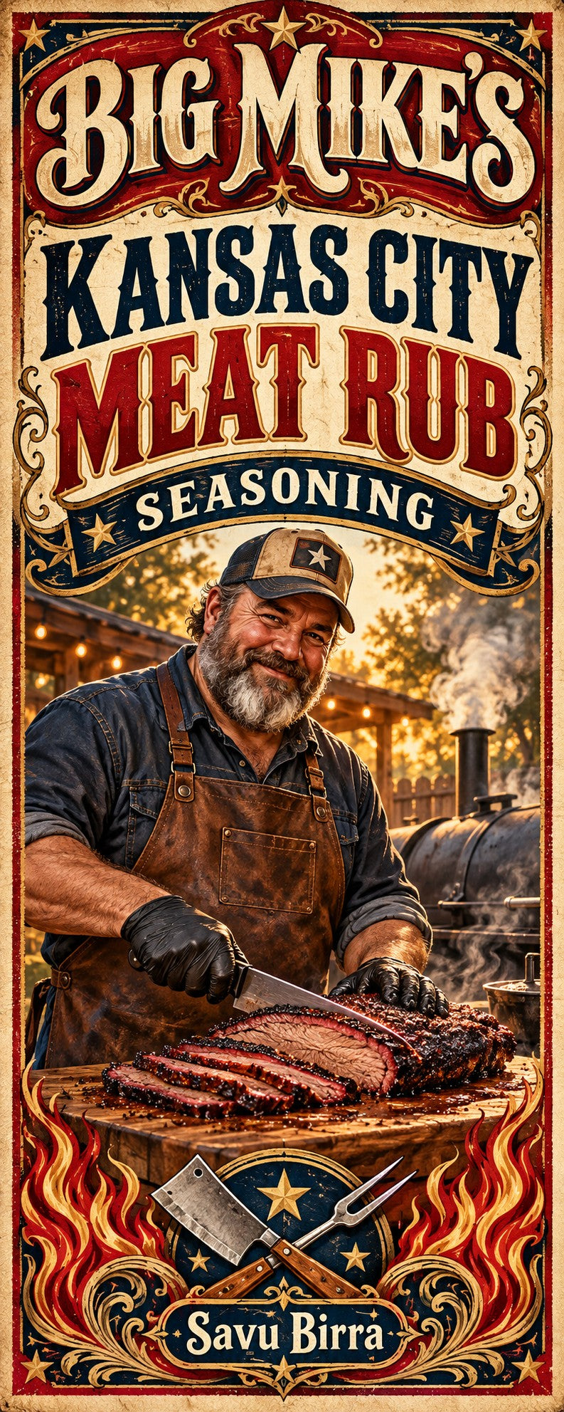 Example custom label (fictional): Big Mike's Kansas City Meat Rub, Grill Master theme