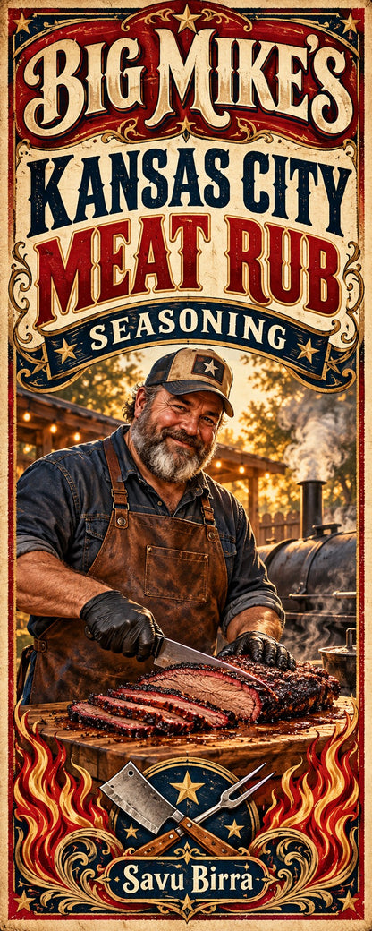 Example custom label (fictional): Big Mike's Kansas City Meat Rub, Grill Master theme