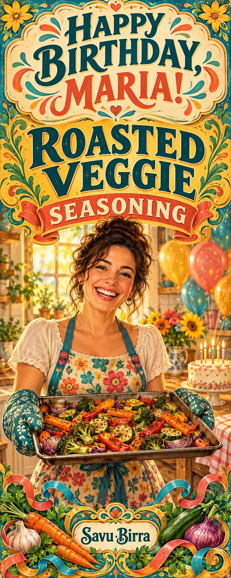 Example custom label (fictional): Happy Birthday Maria, Roasted Veggie Seasoning, Birthday theme