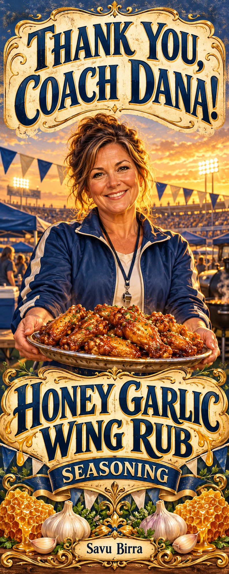 Example custom label (fictional): Thank You Coach Dana, Honey Garlic Wing Rub, Thank You theme