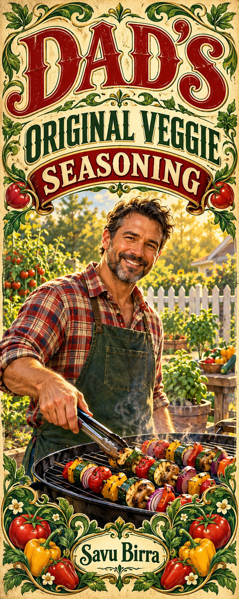 Example custom label (fictional): Dad's Original Veggie Seasoning, Dad theme