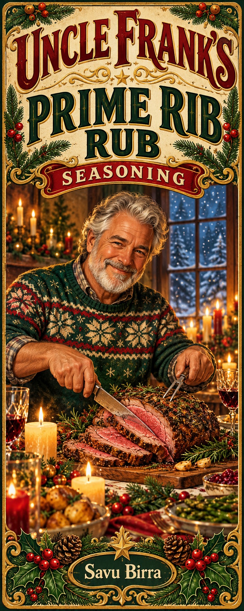 Example custom label (fictional): Uncle Frank's Prime Rib Rub, Holiday theme