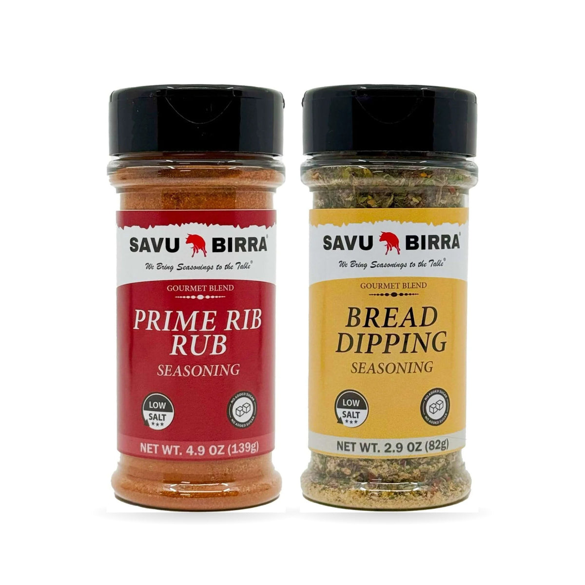 Savu Birra Prime Rib Holiday Duo: Prime Rib Rub 4.9 oz and Bread Dipping Seasoning Mix 2.9 oz jars together