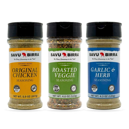Savu Birra Thanksgiving Trio: Original Chicken, Roasted Veggie and Garlic and Herb seasoning jars together
