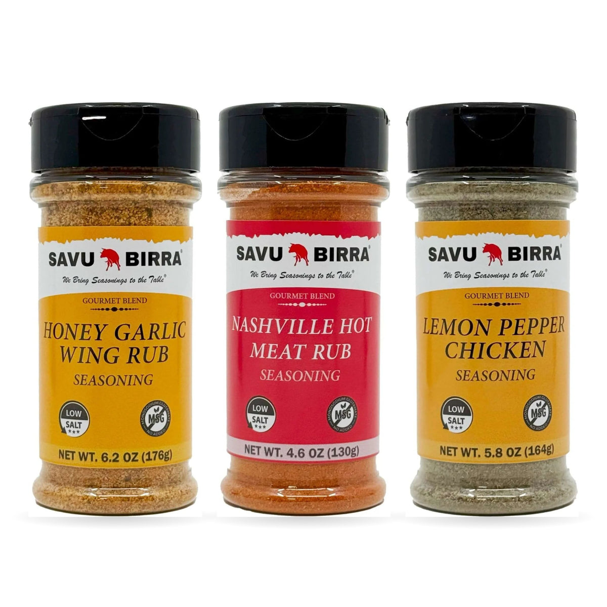 Savu Birra Wing Night Trio: Honey Garlic Wing Rub, Nashville Hot Meat Rub and Lemon Pepper Chicken jars together